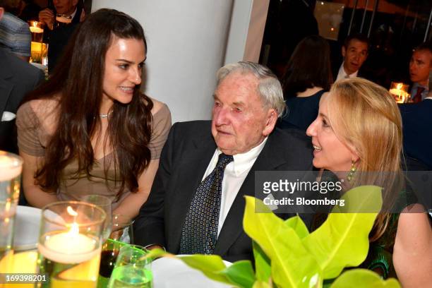 Fashion designer Ariana Rockefeller, from left, her grandfather David Rockefeller, chairman of Rockefeller Center Properties Inc., and stepmother...
