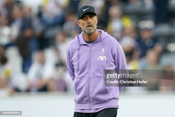 Juergen Klopp, Manager of Liverpool, looks on prior to the UEFA Europa League 2023/24 group stage match between LASK and Liverpool FC on September...