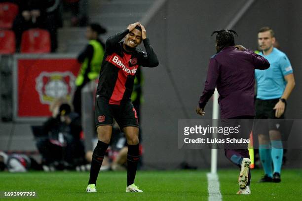 Amine Adli of Bayer Leverkusen celebrates after scoring the team's second goal during the UEFA Europa League 2023/24 group stage match between Bayer...