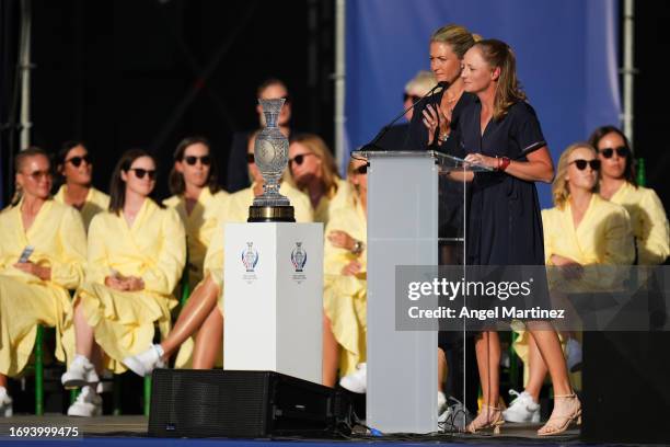 Captain Stacy Lewis of Team USA speaks during the opening ceremony prior to the The Solheim Cup at Marbella Arena on September 21, 2023 in Marbella,...