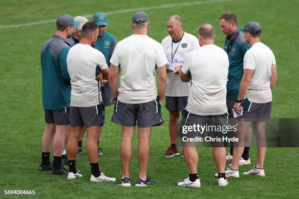 Head Coach, Eddie Jones and coaching staff during a Wallabies training session ahead of the Rugby World Cup France 2023, at Stade Roger Baudras on...