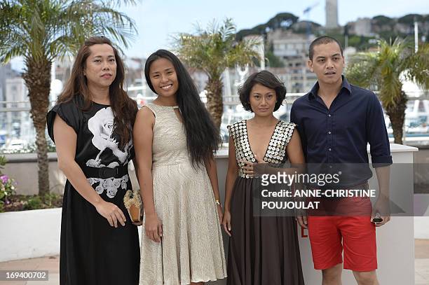 Filippino actresses Moira , Hazel Orencio and Angeli Bayani and actor Archie Alemania pose on May 24, 2013 during a photocall for the film "Norte,...