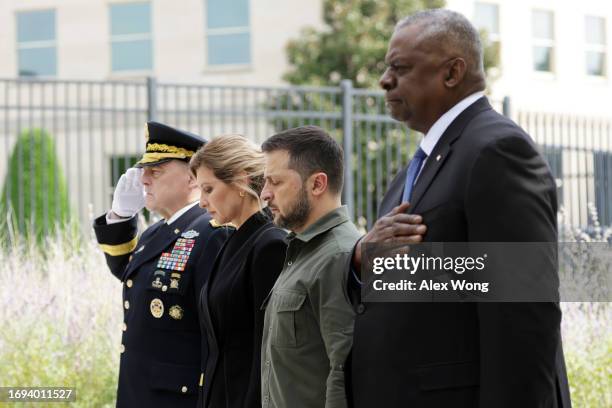 Chairman of the Joint Chiefs of Staff Gen. Mark Milley, Ukrainian first lady Olena Zelenska, Ukrainian President Volodymyr Zelensky and U.S. Defense...