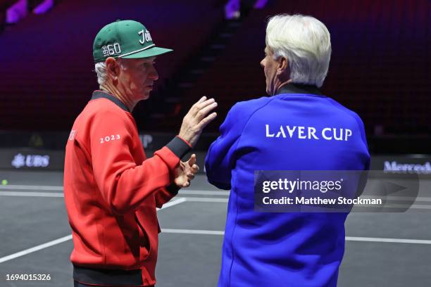 Captain John McEnroe of Team World talks with Captain Bjorn Borg of Team Europe ahead of the Laver Cup at Rogers Arena on September 21, 2023 in...