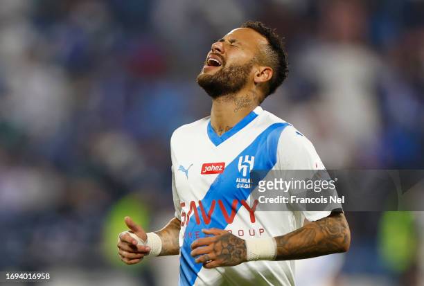 Neymar of Al Hilal Club reacts after missing a shot at goal during the Saudi Pro League match between Damak and and Al Hilal at Prince Sultan Bin...