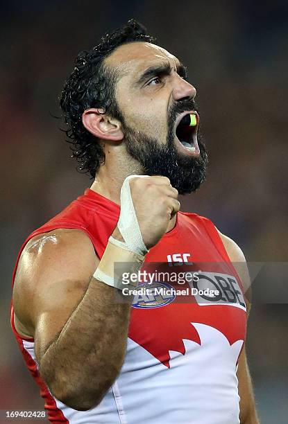 Adam Goodes of the Swans celebrates a goal during an AFL match between the Collingwood Magpies and the Sydney Swans at Melbourne Cricket Ground on...