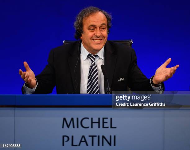 President Michel Platini speaks to the media during a Press Conference at the XXXVII Ordinary UEFA Congress at the Grovesnor House Hotel on May 24,...
