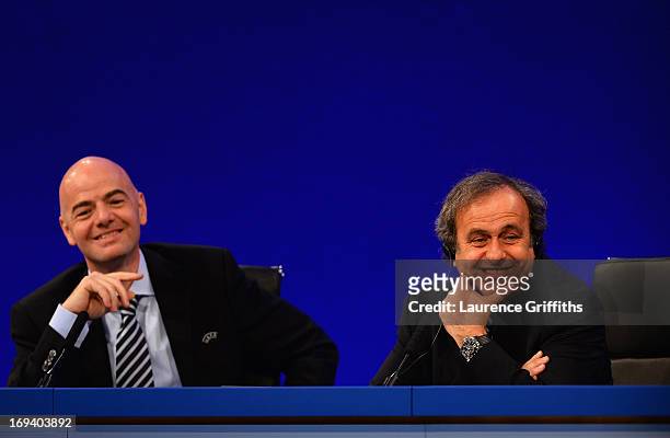 General Secretary, Gianni Infantino and UEFA President Michel Platini speak to the media during a Press Conference at the XXXVII Ordinary UEFA...