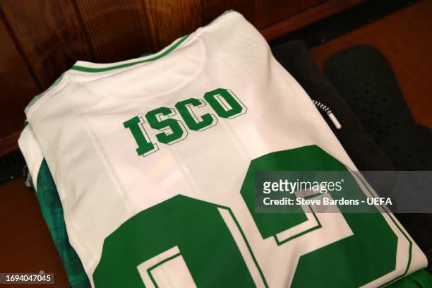 The kit of Isco is displayed inside the dressing room prior to the UEFA Europa League 2023/24 match between Rangers FC and Real Betis at Ibrox...