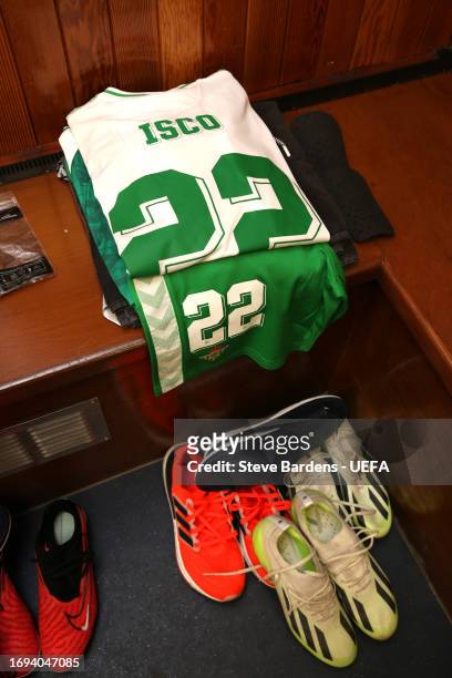 The kit of Isco is displayed inside the dressing room prior to the UEFA Europa League 2023/24 match between Rangers FC and Real Betis at Ibrox...