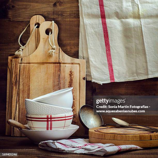 cutboards and bowls - dish towel stock pictures, royalty-free photos & images