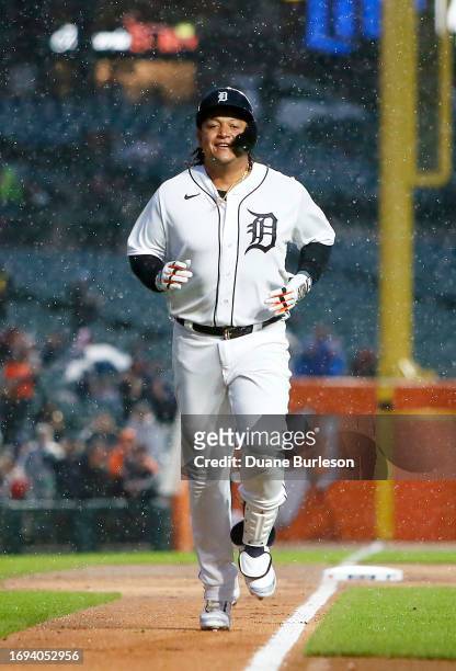 Miguel Cabrera of the Detroit Tigers rounds the bases after hitting a solo home run against the Kansas City Royals during the second inning at...