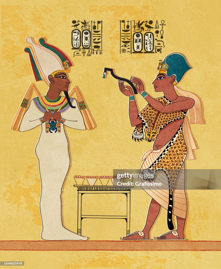 King Ay performing the opening of the mouth ceremony on the mummy of Tutankhamen illustration
