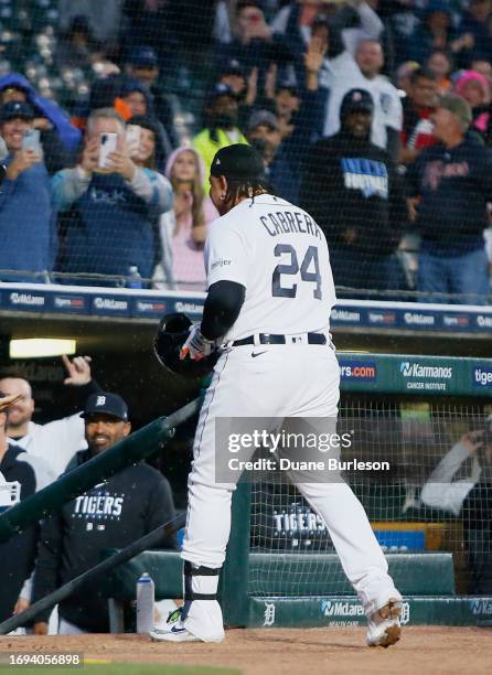 Miguel Cabrera of the Detroit Tigers heads for the dugout after hitting a solo home run against the Kansas City Royals during the second inning at...