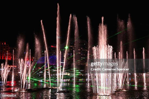 The Aquatique fountain and light show is seen during the Vivid Sydney festival at Darling Harbour on May 24, 2013 in Sydney, Australia.