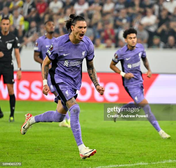 Darwin Nunez of Liverpool celebrates after scoring the equalising goal during the UEFA Europa League 2023/24 group stage match between LASK and...