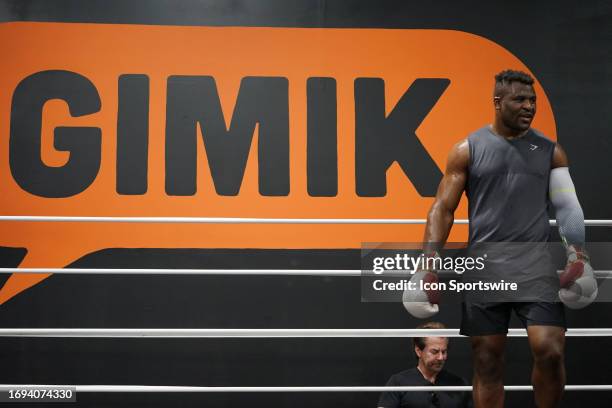 Francis Ngannou at the Tyson Fury vs. Francis Ngannou open workout on September 26 at Ngannou's private gym in Las Vegas, NV.