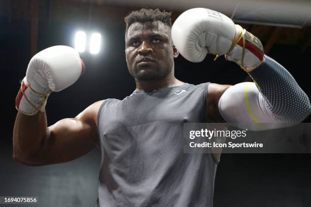 Francis Ngannou at the Tyson Fury vs. Francis Ngannou open workout on September 26 at Ngannou's private gym in Las Vegas, NV.