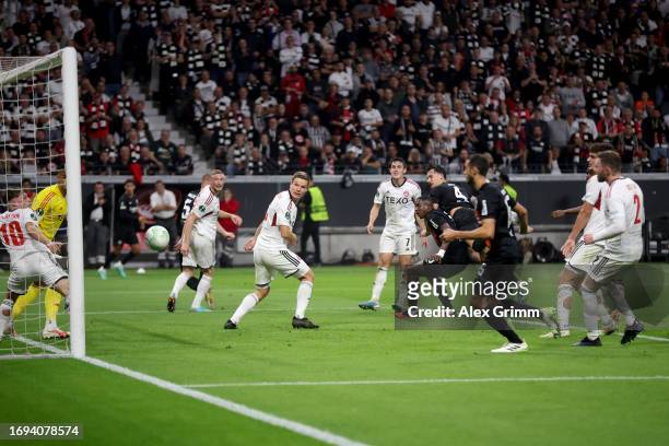 Robin Koch of Eintracht Frankfurt scores the team's second goal during the UEFA Europa Conference League match between Eintracht Frankfurt and...