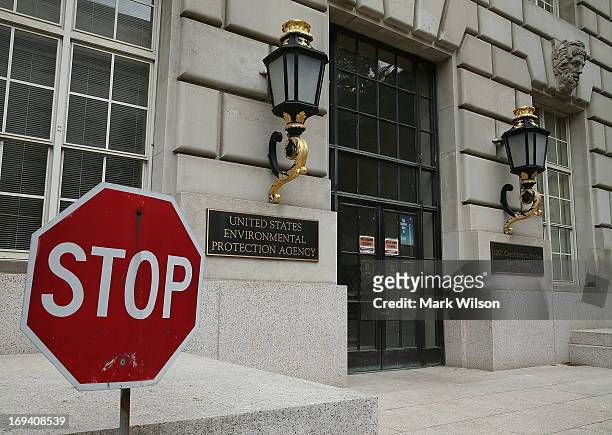 Stop sign stands outside the Environmental Protection Agency building on May 24, 2013 in Washington, DC. The EPA is one of at least four federal...