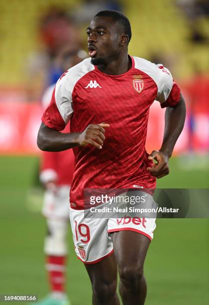 Youssouf Fofana of AS Monaco warms up before the Ligue 1 Uber Eats match between AS Monaco and OGC Nice at Stade Louis II on September 22, 2023 in...