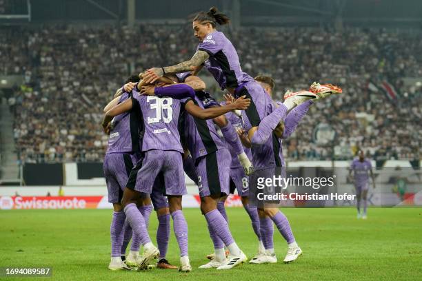 Darwin Nunez of Liverpool celebrates with teammates after Luis Diaz scores the team's second goal during the UEFA Europa League 2023/24 group stage...
