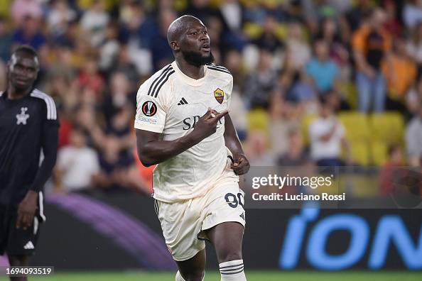 AS Roma player Romelu Lukaku celebrates during the UEFA Europa League