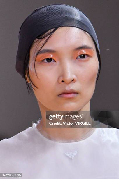 Model walks the runway during the Prada Ready to Wear Spring/Summer 2024 fashion show as part of the Milan Fashion Week on September 21, 2023 in...