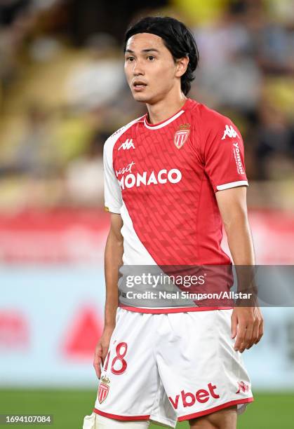Takumi Minamino of AS Monaco in action during the Ligue 1 Uber Eats match between AS Monaco and OGC Nice at Stade Louis II on September 22, 2023 in...
