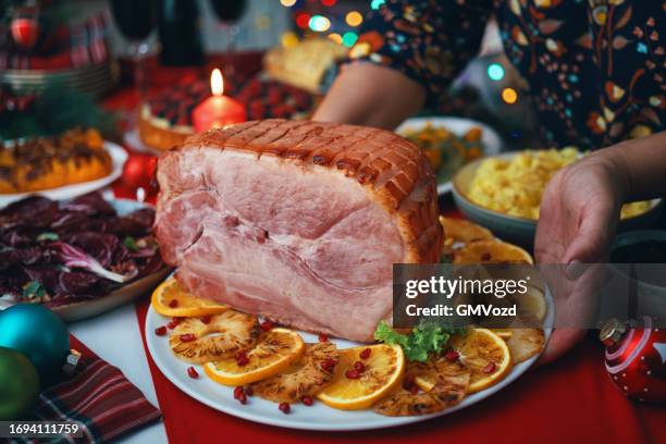 christmas dinner with baked glazed ham with mashed potatoes, green beans, radicchio salad and berry pie - honey ham stock pictures, royalty-free photos & images