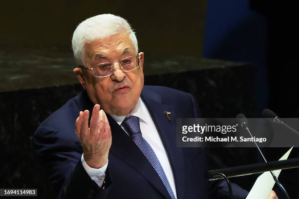 President of the State of Palestine Mahmoud Abbas speaks during the United Nations General Assembly at the United Nations headquarters on September...