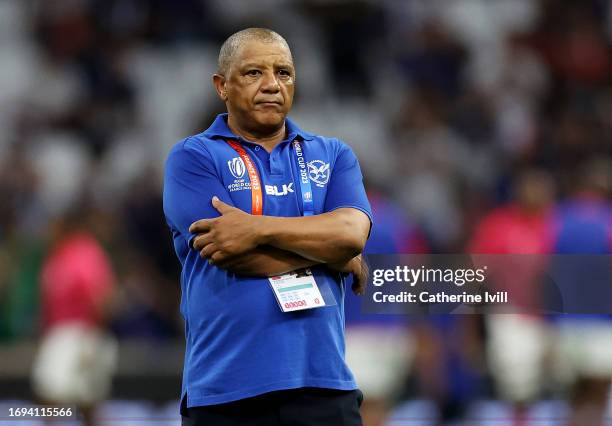 Allister Coetzee, Head Coach of Namibia, looks on during the warm up prior to the Rugby World Cup France 2023 match between France and Namibia at...