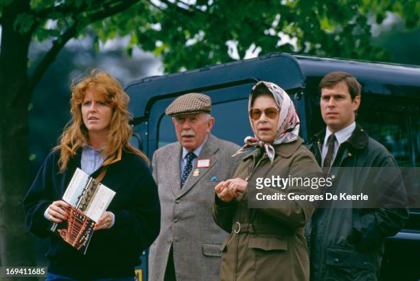 Sarah Ferguson, Duchess of York, Queen Elizabeth II, and Prince Andrew of York at the Royal Windsor Horse Show, 16th May 1987.