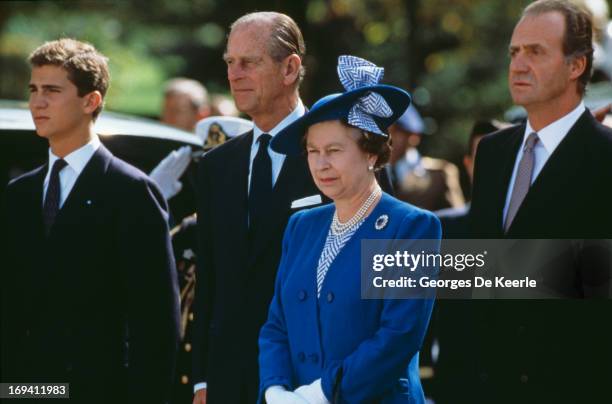 Queen Elizabeth II and Prince Philip on a state visit to Spain are seen here meeting King Juan Carlos I of Spain and his son Felipe, Prince of...