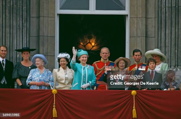 Queen Elizabeth II and Prince William waving from the balcony of Buckingham Palace during the Trooping The Colour Ceremony, The Queen's Official...