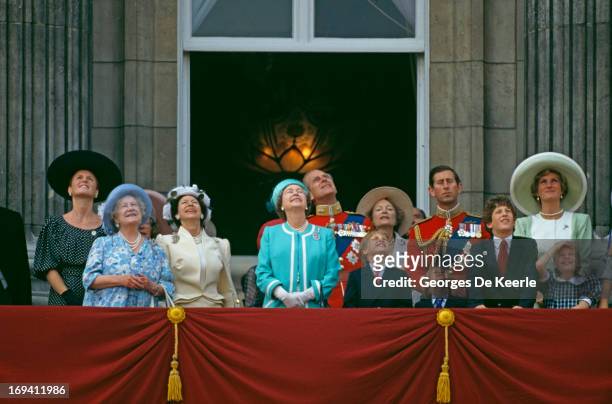 The Royal Family looking up to the sky from the balcony of Buckingham Palace during the Trooping The Colour Ceremony, The Queen's Official Birthday....