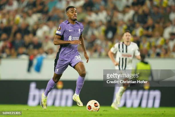 Ryan Gravenberch of Liverpool runs with the ball during the UEFA Europa League 2023/24 group stage match between LASK and Liverpool FC on September...