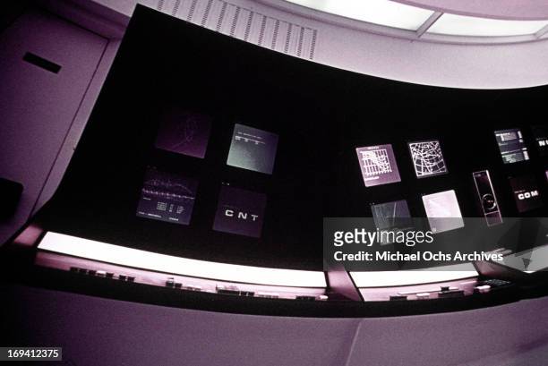 The control room of a space station in a scene from the film '2001: A Space Odyssey', 1968.