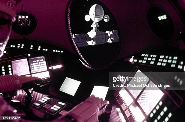An astronaut controls the space station in a scene from the film '2001: A Space Odyssey', 1968.