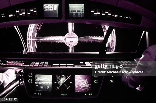 Two astronauts command the ship in a scene from the film '2001: A Space Odyssey', 1968.