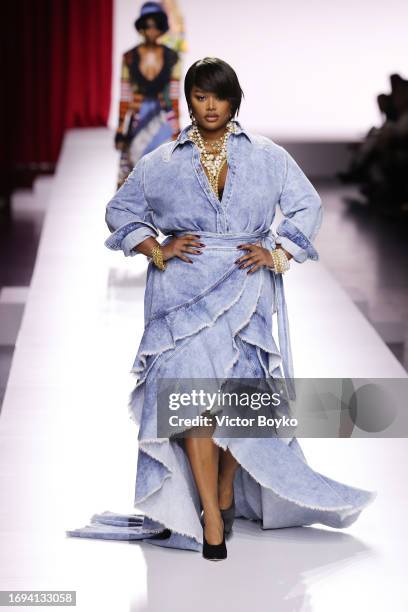 Precious Lee walks the runway at the Moschino fashion show during the Milan Fashion Week Womenswear Spring/Summer 2024 on September 21, 2023 in...