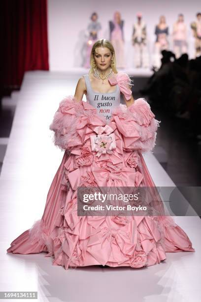 Model walks the runway at the Moschino fashion show during the Milan Fashion Week Womenswear Spring/Summer 2024 on September 21, 2023 in Milan, Italy.