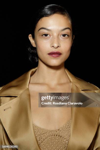 Model Devyn Garcia backstage ahead of the Max Mara fashion show during the Milan Fashion Week Womenswear Spring/Summer 2024 on September 21, 2023 in...