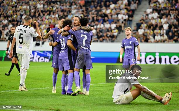 Mohamed Salah of Liverpool celebrates after scoring the third goal during the UEFA Europa League 2023/24 group stage match between LASK and Liverpool...