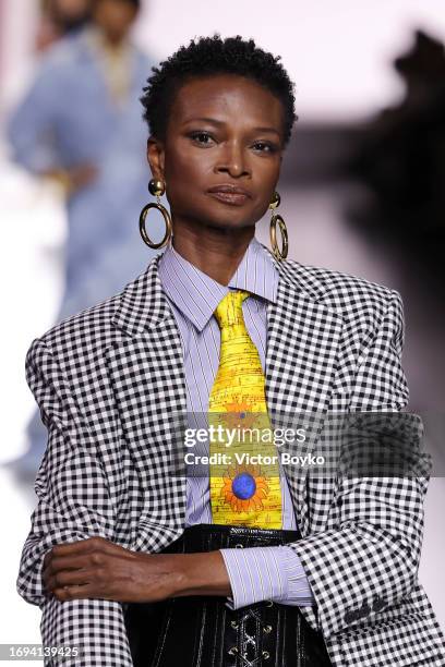 Model walks the runway at the Moschino fashion show during the Milan Fashion Week Womenswear Spring/Summer 2024 on September 21, 2023 in Milan, Italy.