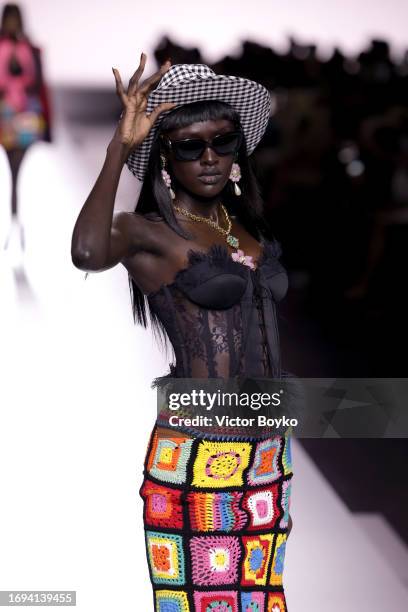 Model walks the runway at the Moschino fashion show during the Milan Fashion Week Womenswear Spring/Summer 2024 on September 21, 2023 in Milan, Italy.