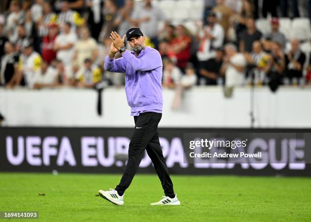 Jurgen Klopp manager of Liverpool showing his appreciation to the fans at the end of the UEFA Europa League 2023/24 group stage match between LASK...