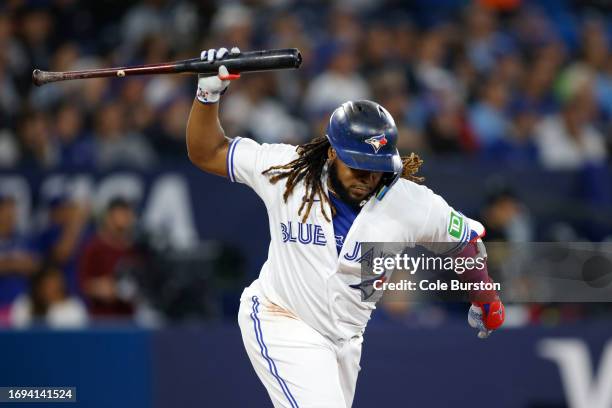 Vladimir Guerrero Jr. #27 of the Toronto Blue Jays reacts as he's caught out on a fly ball in the fourth inning of their MLB game against the New...