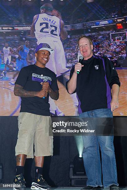 Isaiah Thomas and Grant Napear address the crowd at the Kings Rally on May 23, 2013 in Sacramento, California. NOTE TO USER: User expressly...