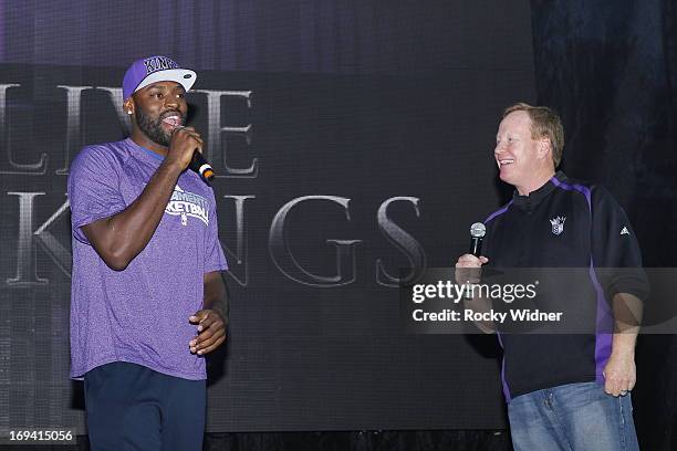 Tyreke Evans and Grant Napear address the crowd at the Kings Rally on May 23, 2013 in Sacramento, California. NOTE TO USER: User expressly...